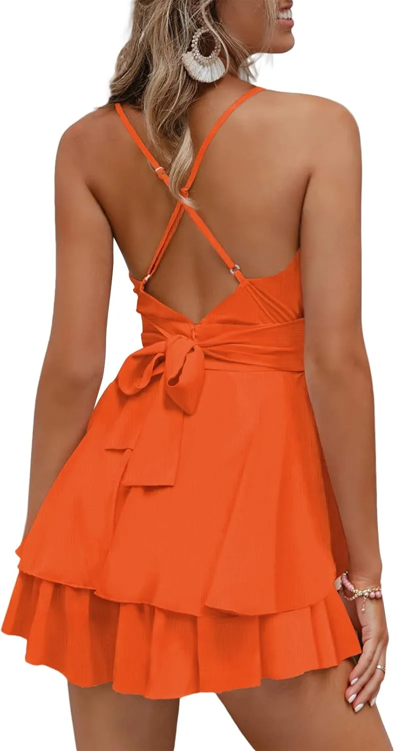 Linsery Women Spaghetti Strap V Neck Shorts Romper Ruffle Chiffon Mini Jumpsuit Backless Playsuit