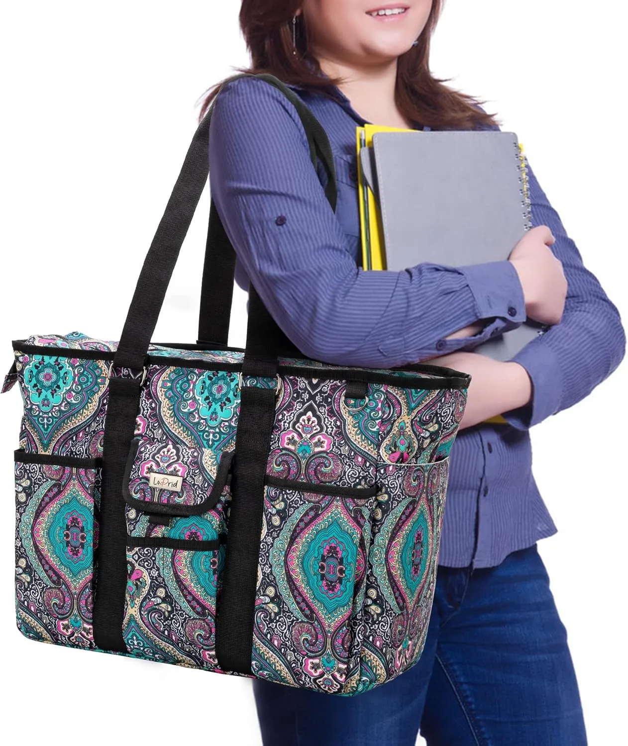 LoDrid Teacher Tote with Padded Bottom, Large Utility Bag for Work