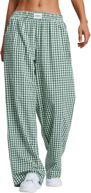 LOMON Women's Gingham Plaid Wide Leg Pants Cotton Boxers Pajama Lounge Pj Casual Trousers Y2K Flowy Bottoms with Pockets (Green White Plaid, XXL)