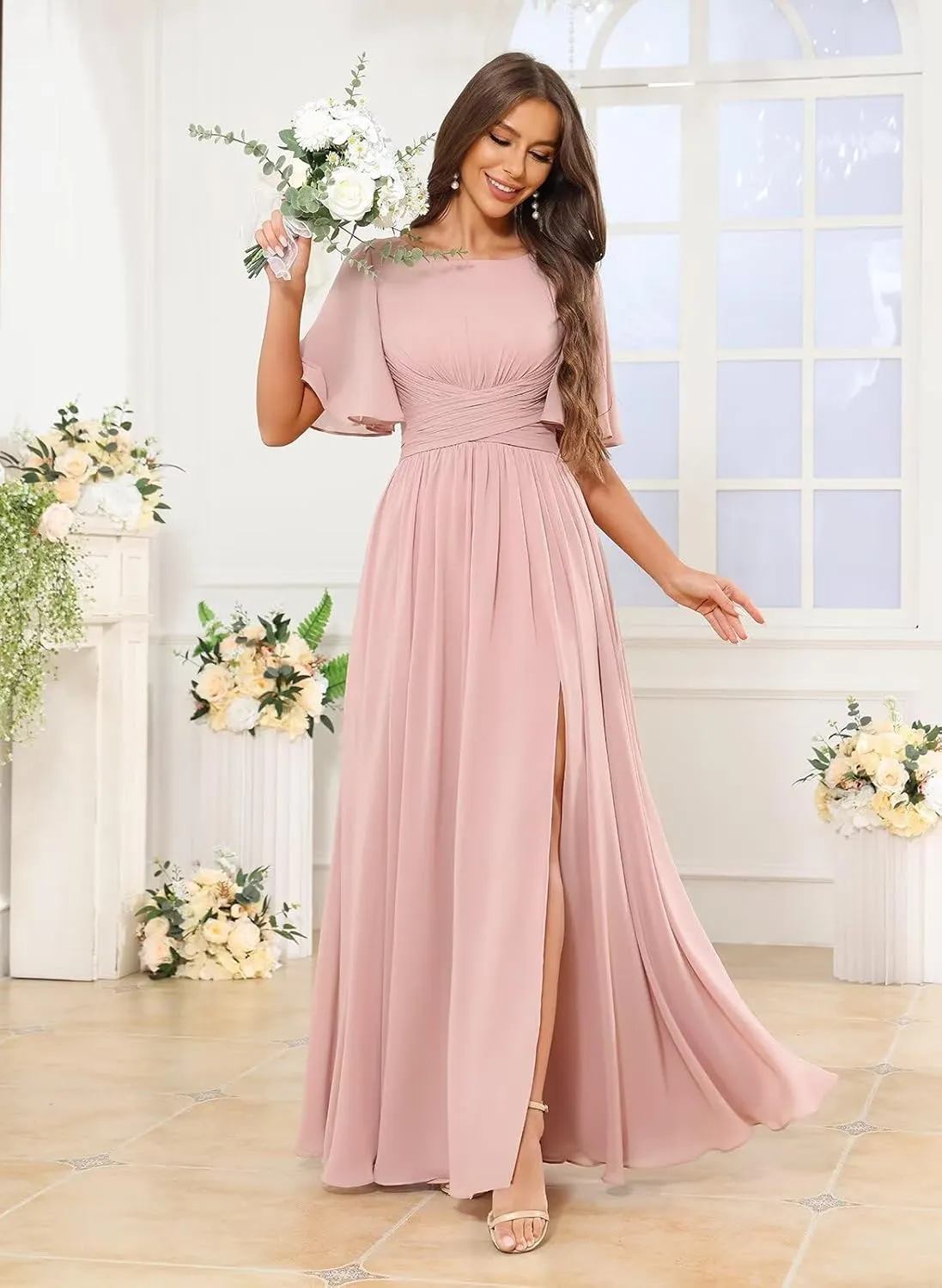 Long Bridesmaid Dresses for Women Flutter Sleeves Formal Dress A Line Pleated Chiffon Evening Gown with Pocket