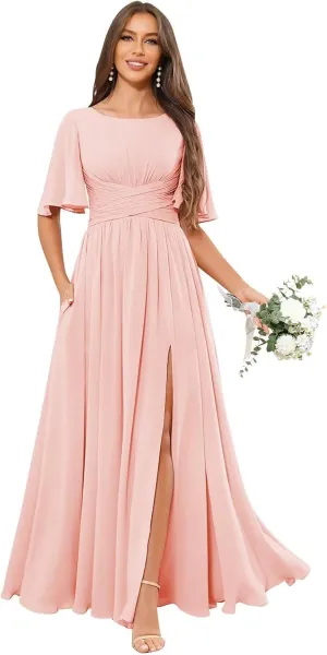 Long Bridesmaid Dresses for Women Flutter Sleeves Formal Dress A Line Pleated Chiffon Evening Gown with Pocket