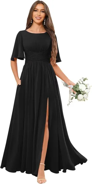 Long Bridesmaid Dresses for Women Flutter Sleeves Formal Dress A Line Pleated Chiffon Evening Gown with Pocket