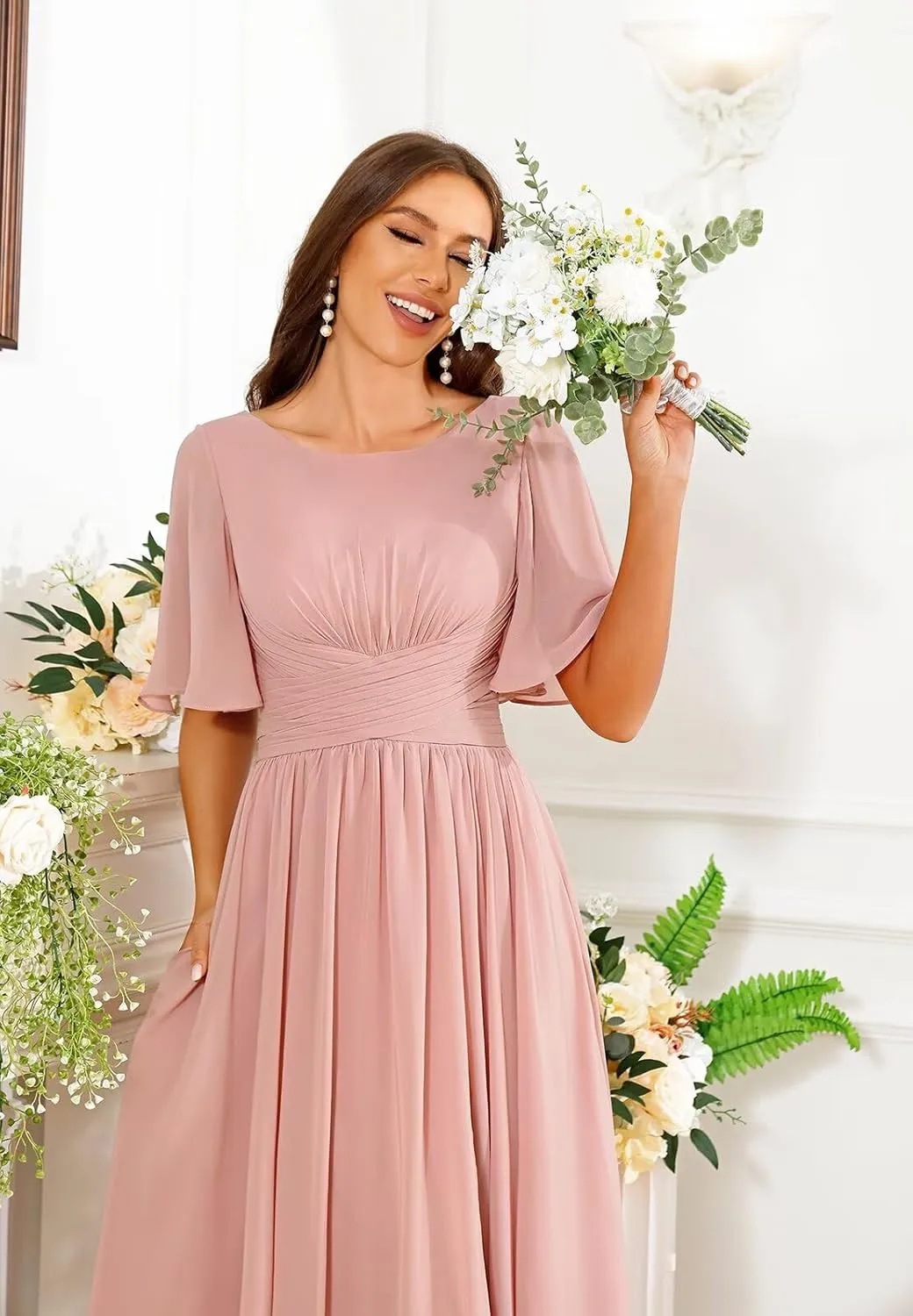 Long Bridesmaid Dresses for Women Flutter Sleeves Formal Dress A Line Pleated Chiffon Evening Gown with Pocket