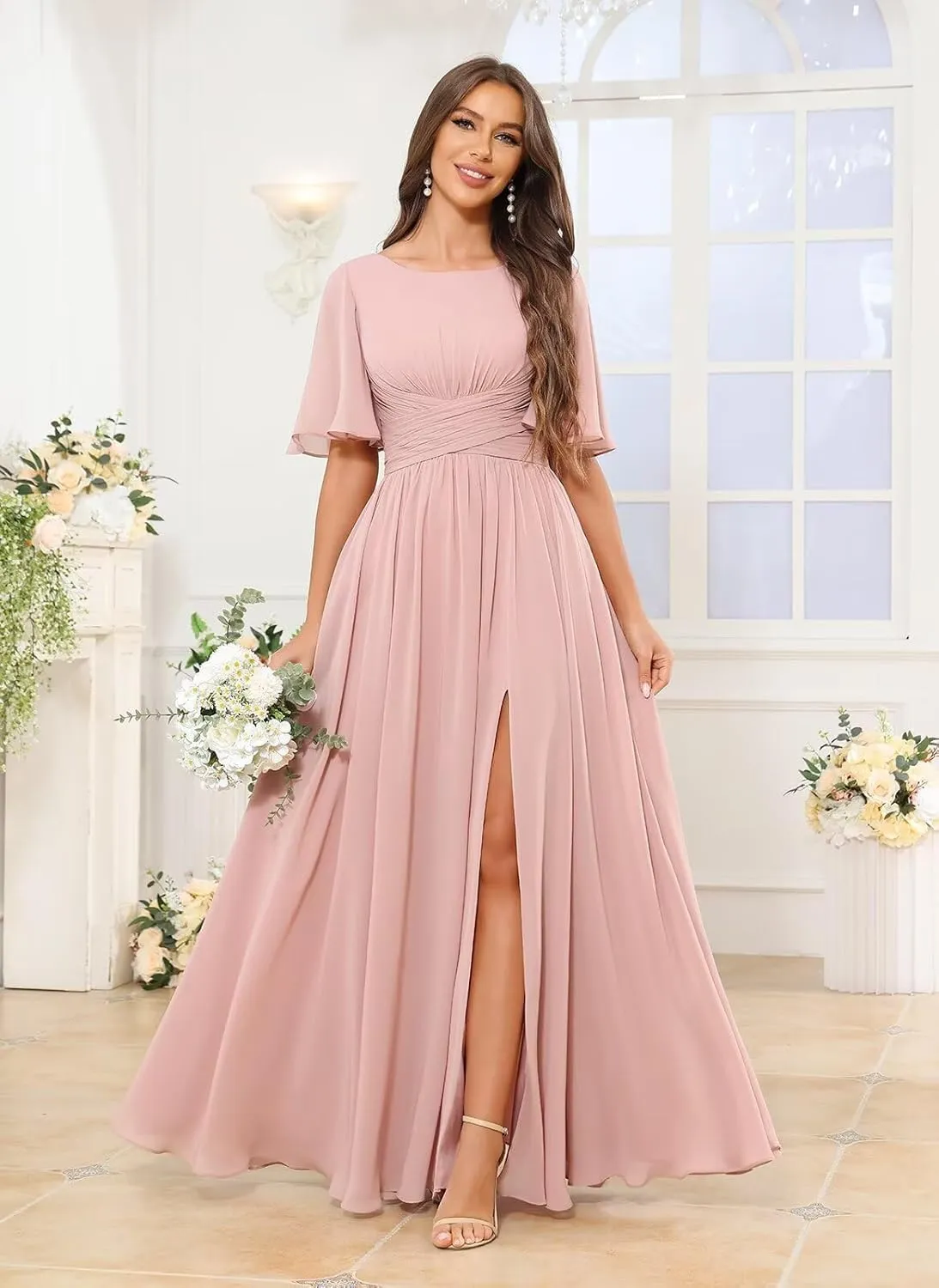 Long Bridesmaid Dresses for Women Flutter Sleeves Formal Dress A Line Pleated Chiffon Evening Gown with Pocket