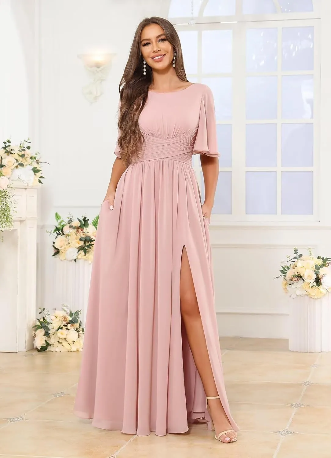 Long Bridesmaid Dresses for Women Flutter Sleeves Formal Dress A Line Pleated Chiffon Evening Gown with Pocket