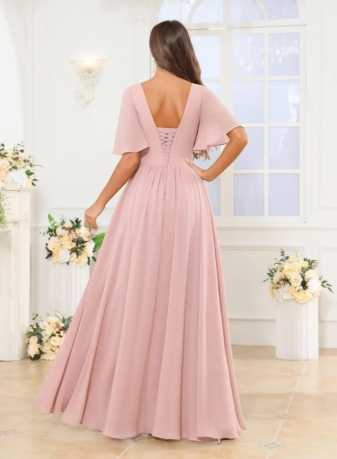 Long Bridesmaid Dresses for Women Flutter Sleeves Formal Dress A Line Pleated Chiffon Evening Gown with Pocket