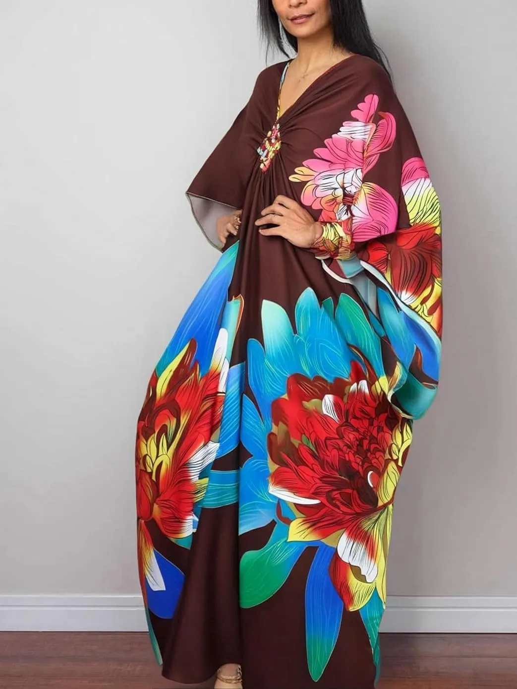 LOUSEA Kaftan Dress for Women Large Flower Print Cover Up Dresses Vneck One-piece Bathingsuit Cover Ups