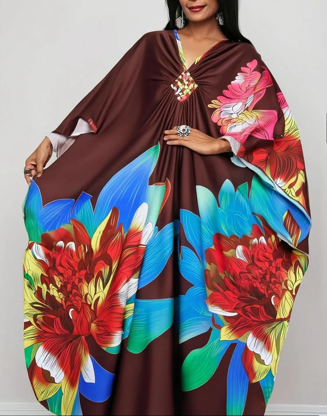 LOUSEA Kaftan Dress for Women Large Flower Print Cover Up Dresses Vneck One-piece Bathingsuit Cover Ups
