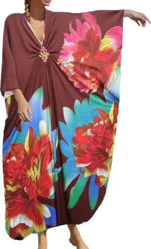 LOUSEA Kaftan Dress for Women Large Flower Print Cover Up Dresses Vneck One-piece Bathingsuit Cover Ups