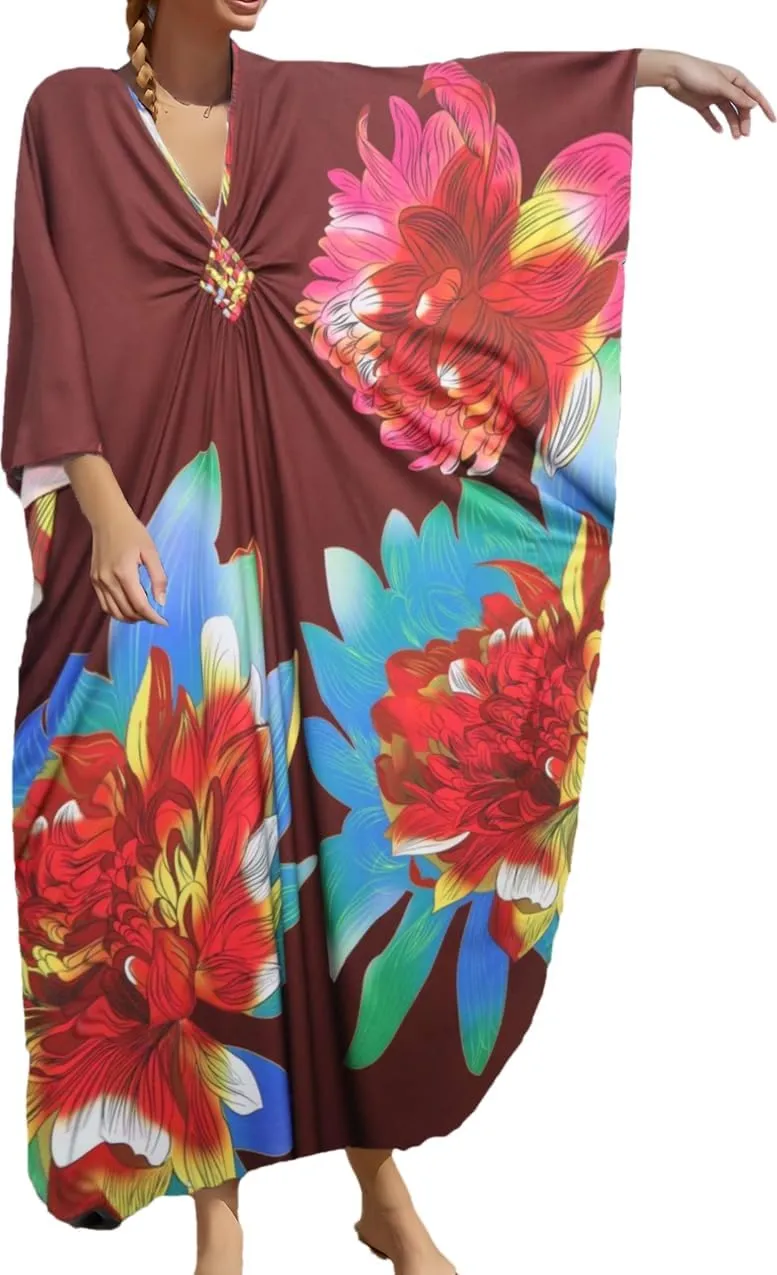 LOUSEA Kaftan Dress for Women Large Flower Print Cover Up Dresses Vneck One-piece Bathingsuit Cover Ups