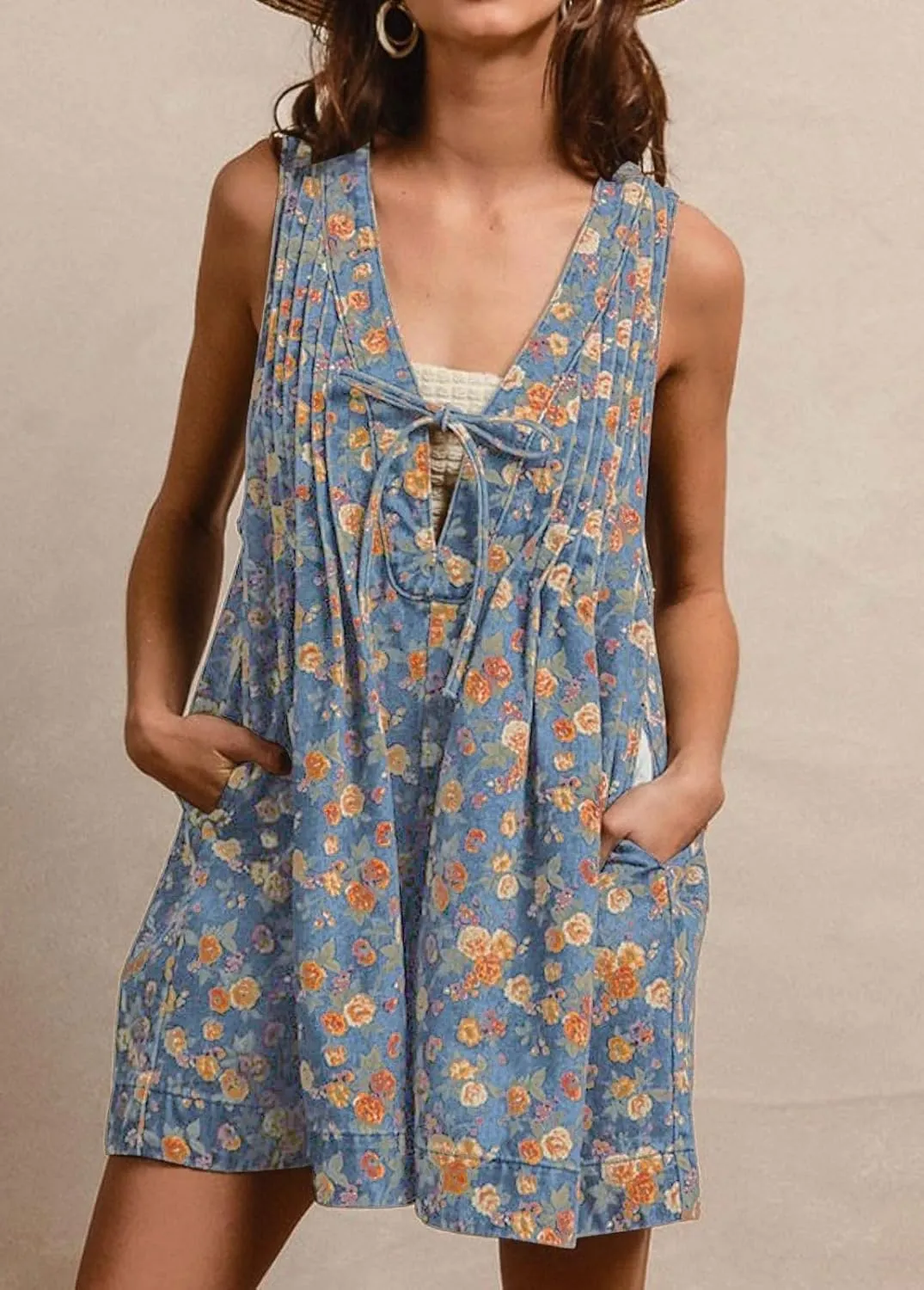 loveimgs Women Sleeveless Floral Print Denim Romper Shorts Ruffle Jean Overall Dress Front Tie Flowy Jumpsuit Summer 2025