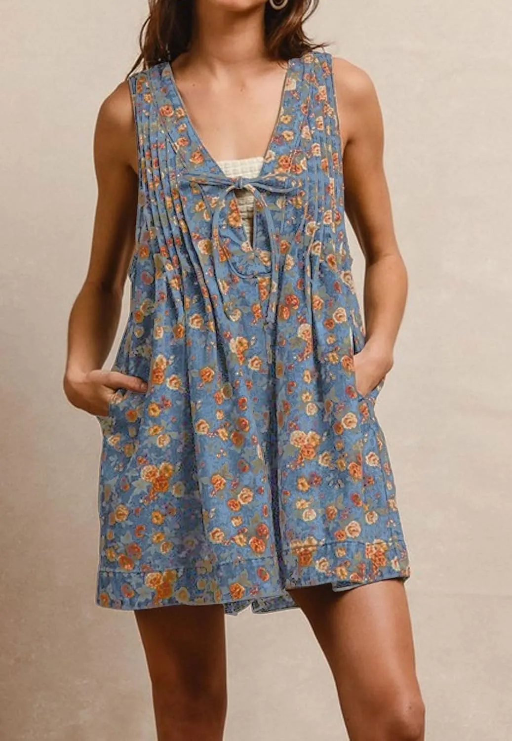 loveimgs Women Sleeveless Floral Print Denim Romper Shorts Ruffle Jean Overall Dress Front Tie Flowy Jumpsuit Summer 2025