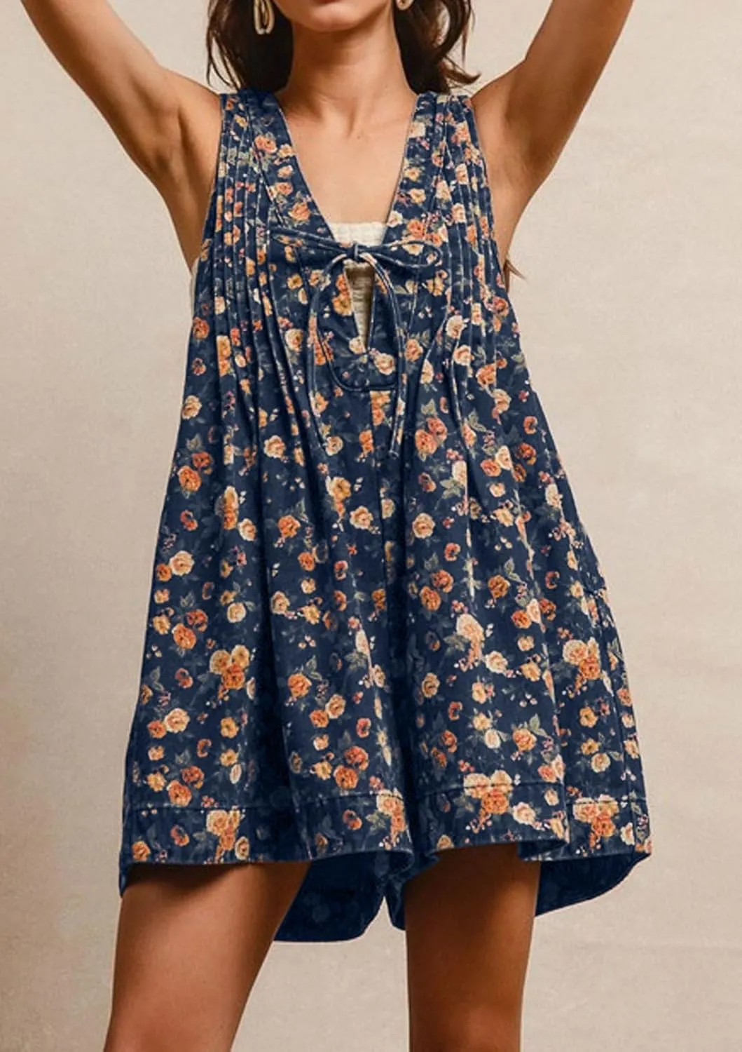 loveimgs Women Sleeveless Floral Print Denim Romper Shorts Ruffle Jean Overall Dress Front Tie Flowy Jumpsuit Summer 2025