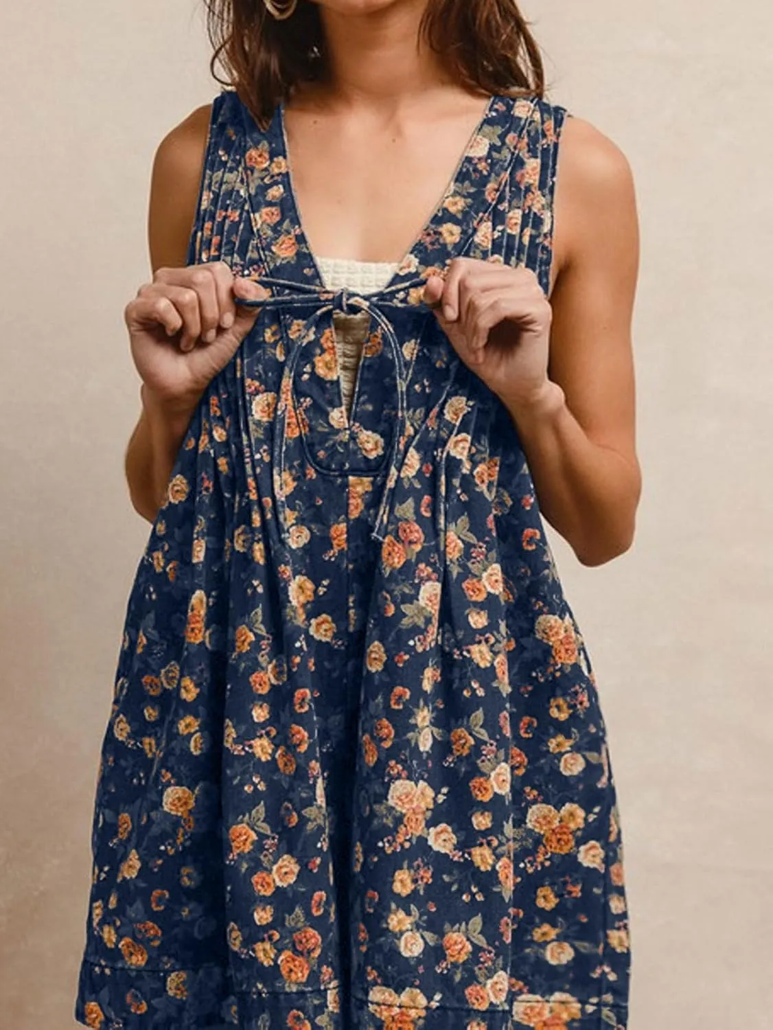 loveimgs Women Sleeveless Floral Print Denim Romper Shorts Ruffle Jean Overall Dress Front Tie Flowy Jumpsuit Summer 2025