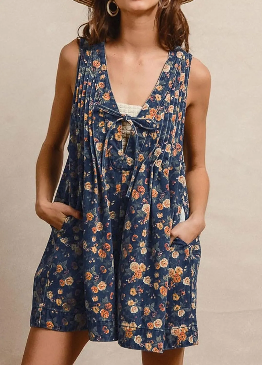 loveimgs Women Sleeveless Floral Print Denim Romper Shorts Ruffle Jean Overall Dress Front Tie Flowy Jumpsuit Summer 2025