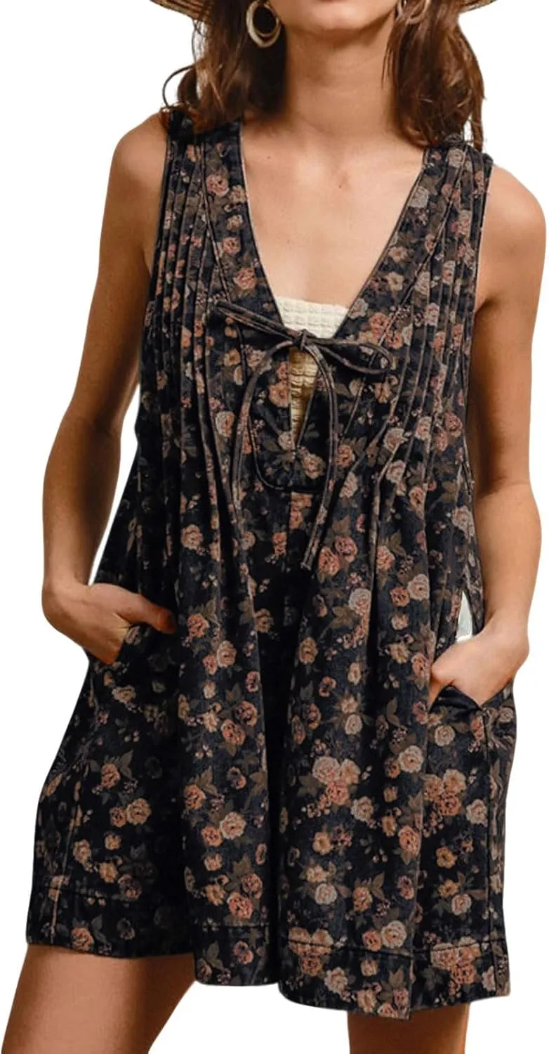 loveimgs Women Sleeveless Floral Print Denim Romper Shorts Ruffle Jean Overall Dress Front Tie Flowy Jumpsuit Summer 2025