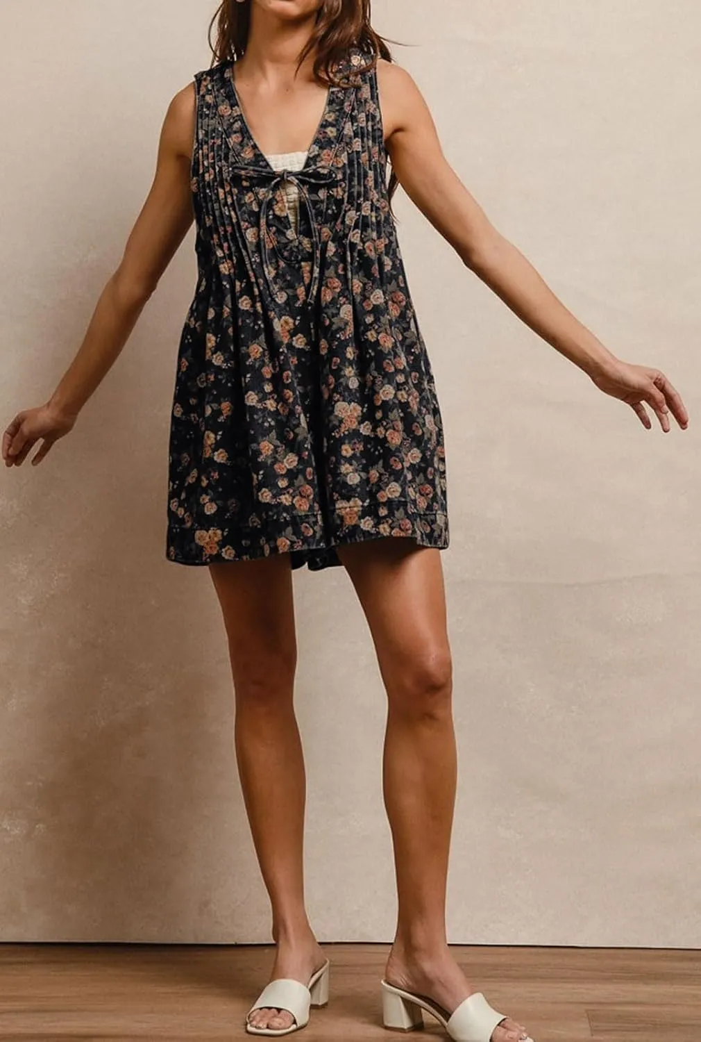 loveimgs Women Sleeveless Floral Print Denim Romper Shorts Ruffle Jean Overall Dress Front Tie Flowy Jumpsuit Summer 2025