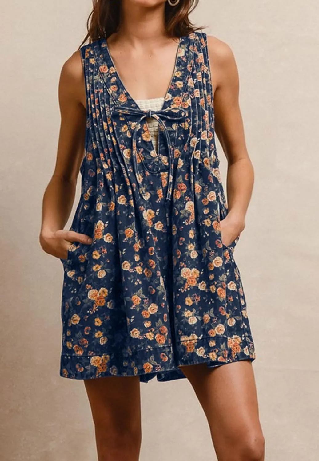 loveimgs Women Sleeveless Floral Print Denim Romper Shorts Ruffle Jean Overall Dress Front Tie Flowy Jumpsuit Summer 2025