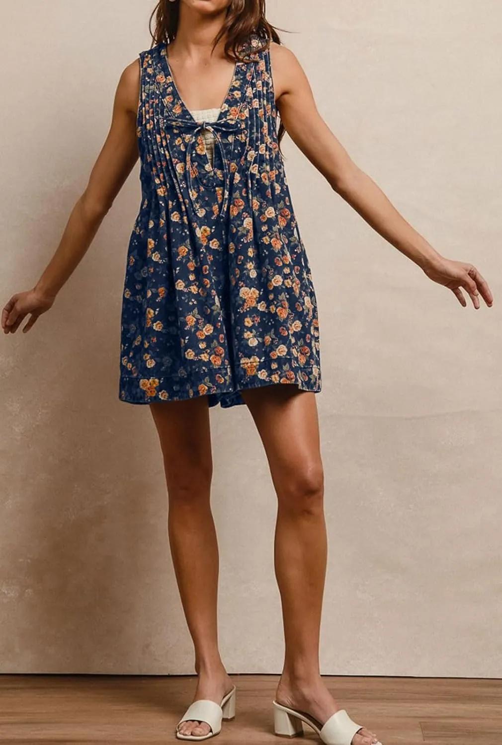 loveimgs Women Sleeveless Floral Print Denim Romper Shorts Ruffle Jean Overall Dress Front Tie Flowy Jumpsuit Summer 2025
