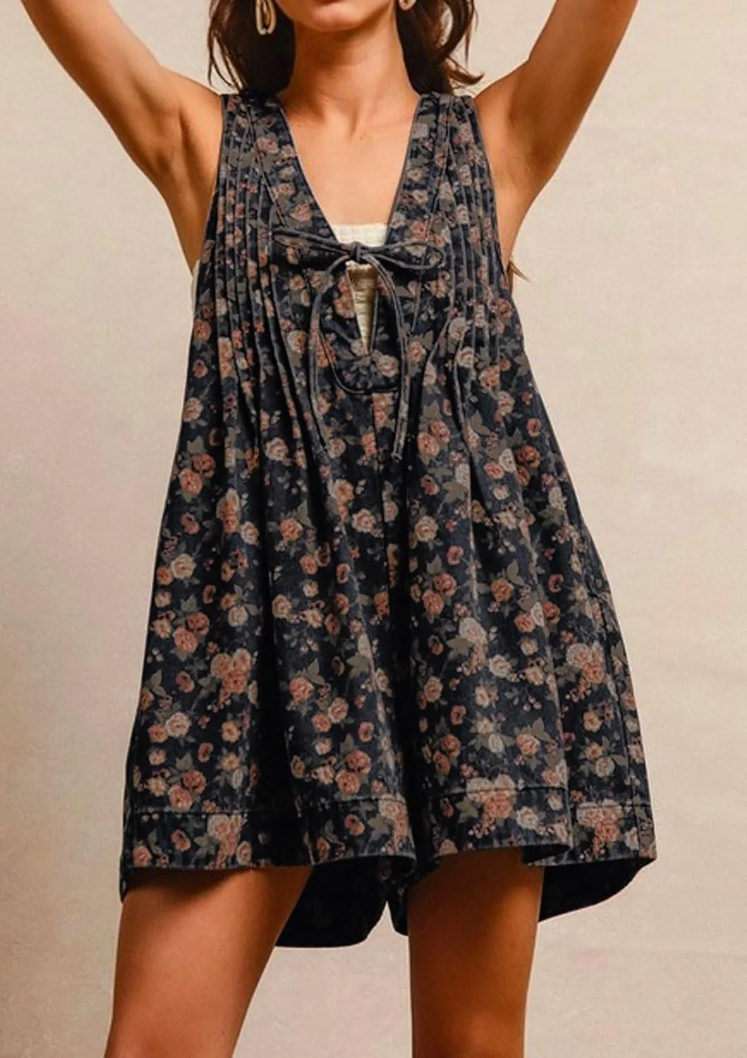loveimgs Women Sleeveless Floral Print Denim Romper Shorts Ruffle Jean Overall Dress Front Tie Flowy Jumpsuit Summer 2025