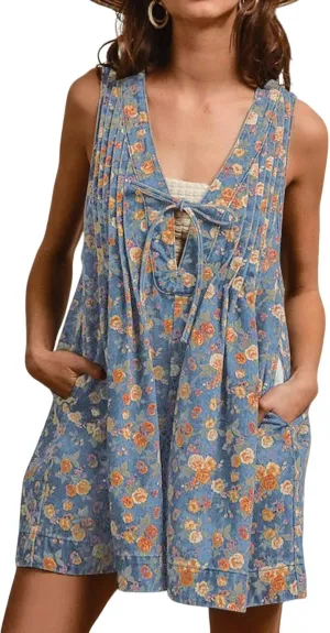 loveimgs Women Sleeveless Floral Print Denim Romper Shorts Ruffle Jean Overall Dress Front Tie Flowy Jumpsuit Summer 2025
