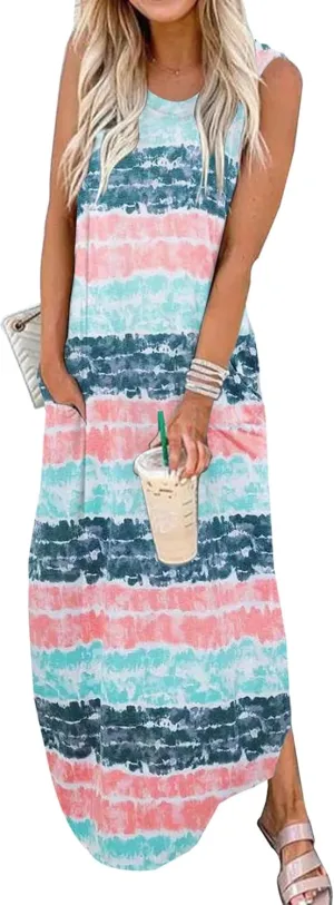 LRISES Womens Summer Short Sleeve Maxi Dress Casual Loose Tie Dye V Neck Split Long Tshirt Beach Dresses with Pockets