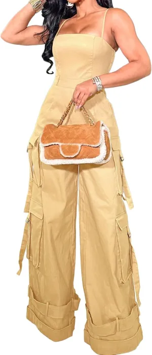 Lucuna Women's Cargo Jumpsuits Spaghetti Strap Multi-Pockets Wide Leg Jumpsuit Rompers Streetwear