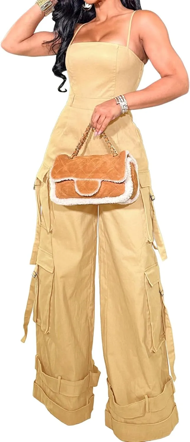Lucuna Women's Cargo Jumpsuits Spaghetti Strap Multi-Pockets Wide Leg Jumpsuit Rompers Streetwear