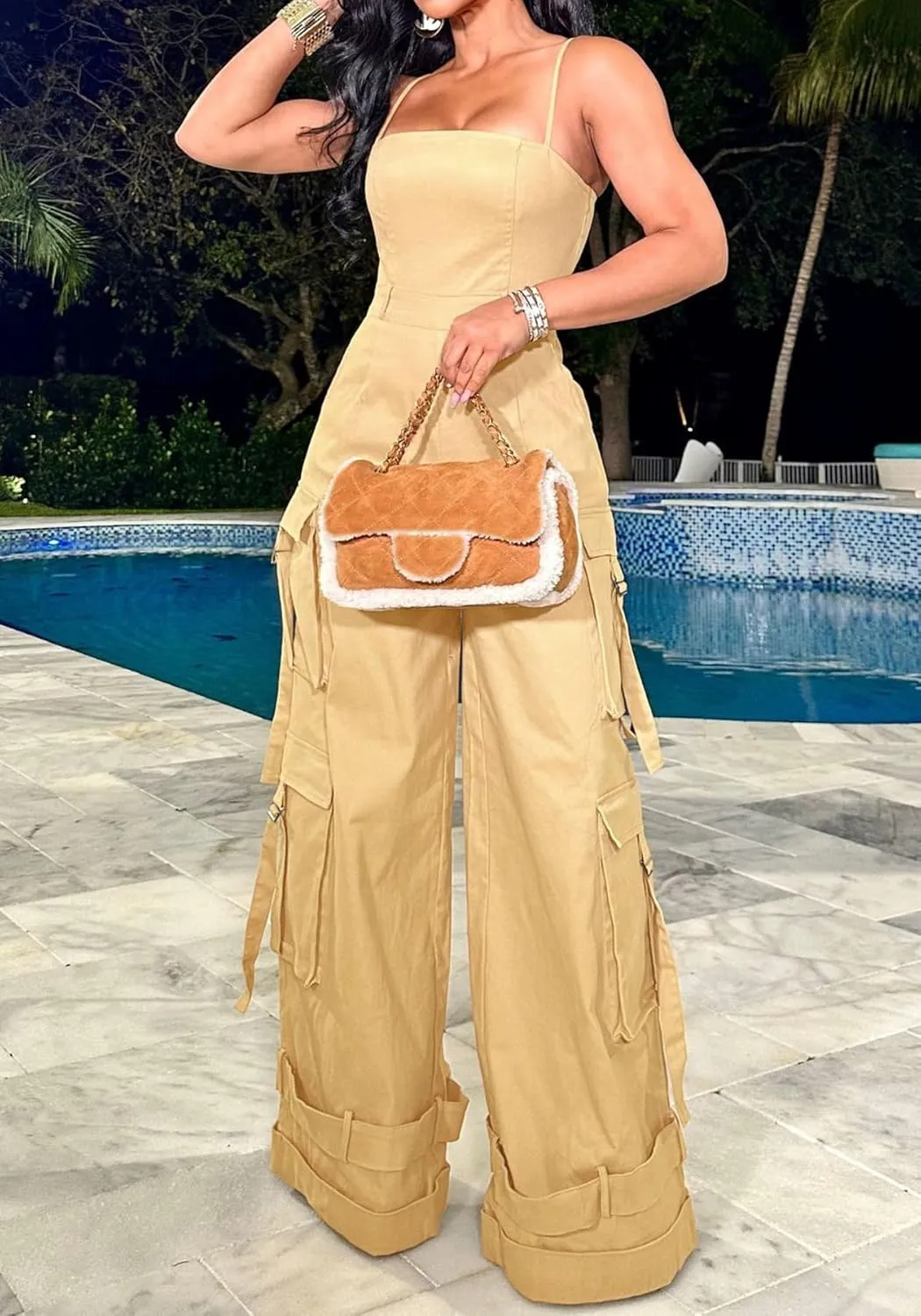 Lucuna Women's Cargo Jumpsuits Spaghetti Strap Multi-Pockets Wide Leg Jumpsuit Rompers Streetwear