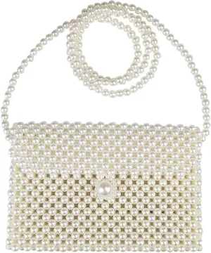Luxury Pearl Bag Chain Bag Purse Bags, Artificial Pearl Clutch Crossbody Handmade Bags Evening Bags for Party Wedding Bridal Party Travel Prom(White)