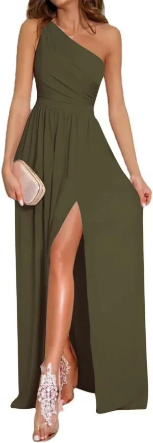 LYANER Women's One Shoulder High Split Sleeveless Ruched Sexy Cocktail Maxi Long Dress