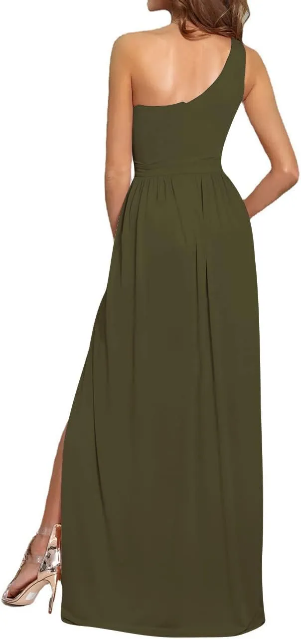 LYANER Women's One Shoulder High Split Sleeveless Ruched Sexy Cocktail Maxi Long Dress