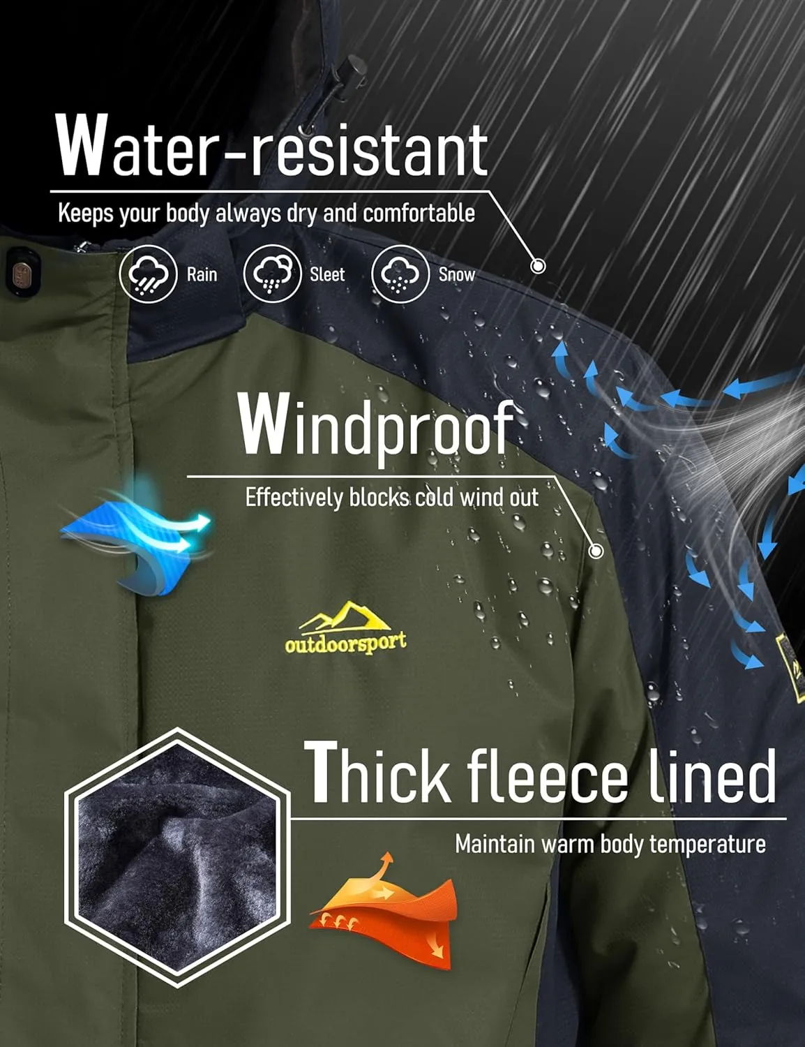 MAGCOMSEN Men's Winter Coats Water Resistant Ski Snow Jacket Warm Fleece Parka Raincoats with Multi-Pockets