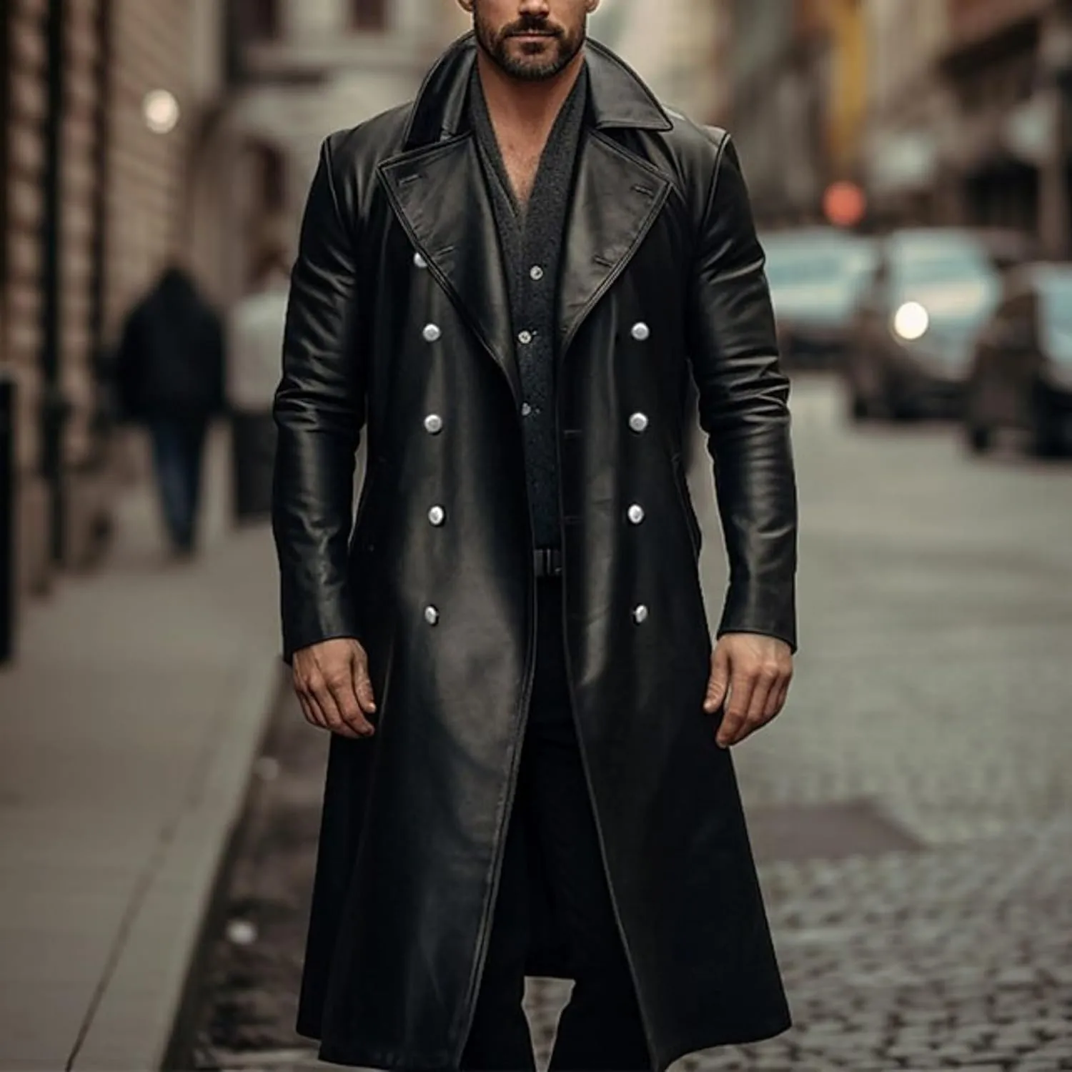 Maiyifu-GJ Mens Retro Faux Leather Trench Coat Full Length Steampunk Long Overcoat Vintage Open Front Cardigan Jacket