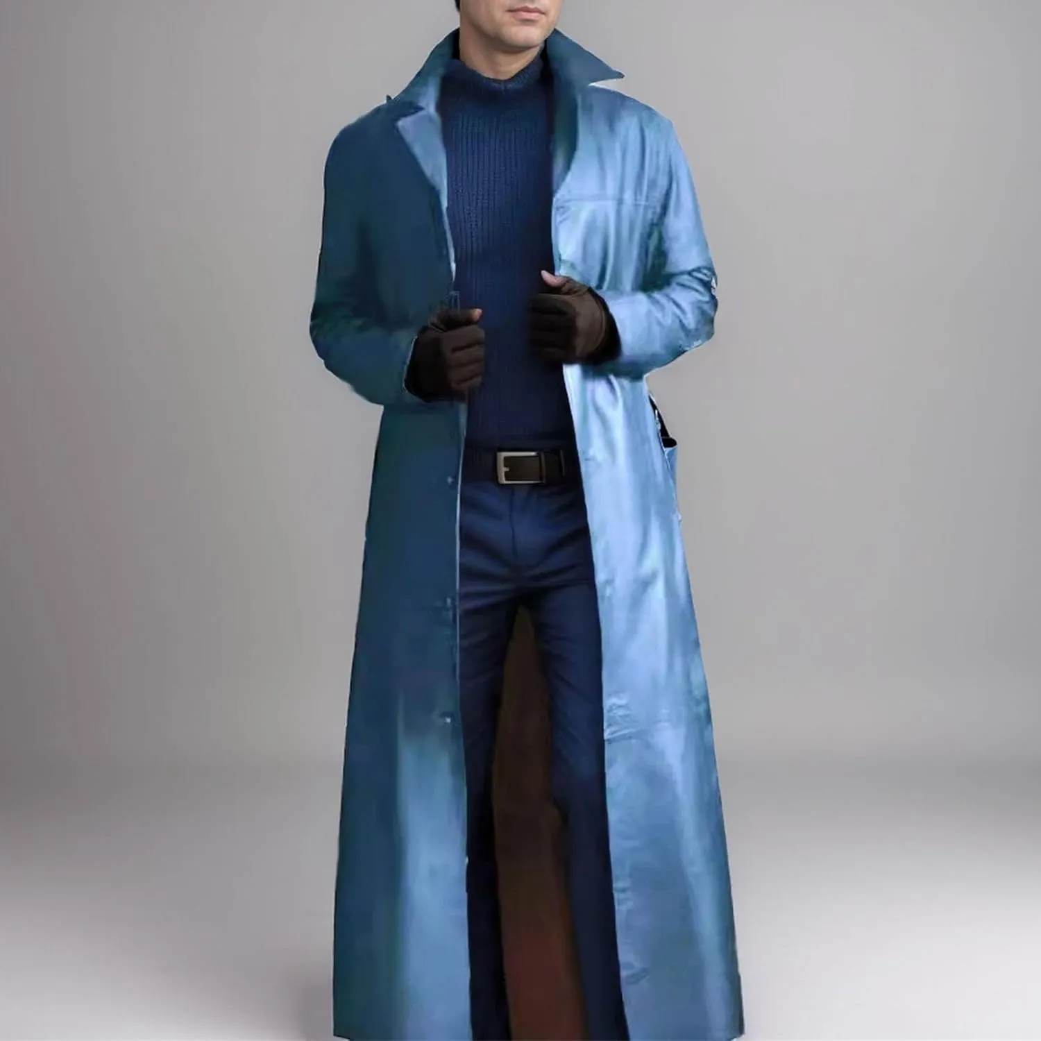 Maiyifu-GJ Mens Retro Faux Leather Trench Coat Full Length Steampunk Long Overcoat Vintage Open Front Cardigan Jacket