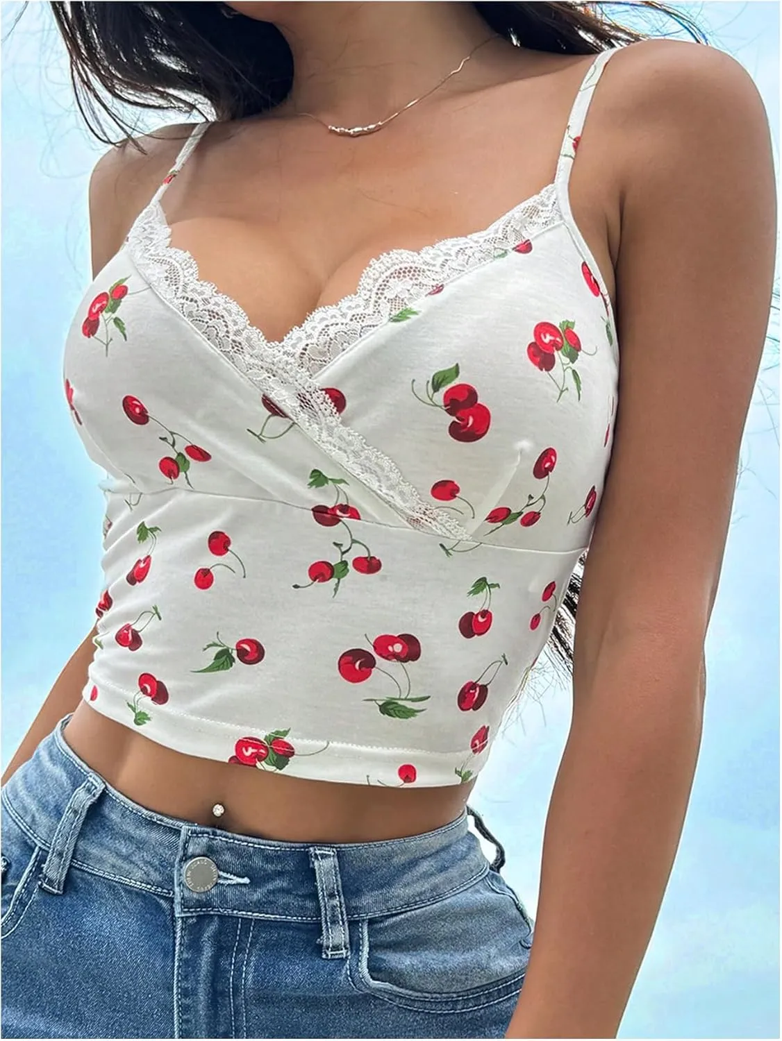 MakeMeChic Women's Cherry Lace Trim Crop Tops Wrap Spaghetti Strap Sleeveless Y2k Camisole Top
