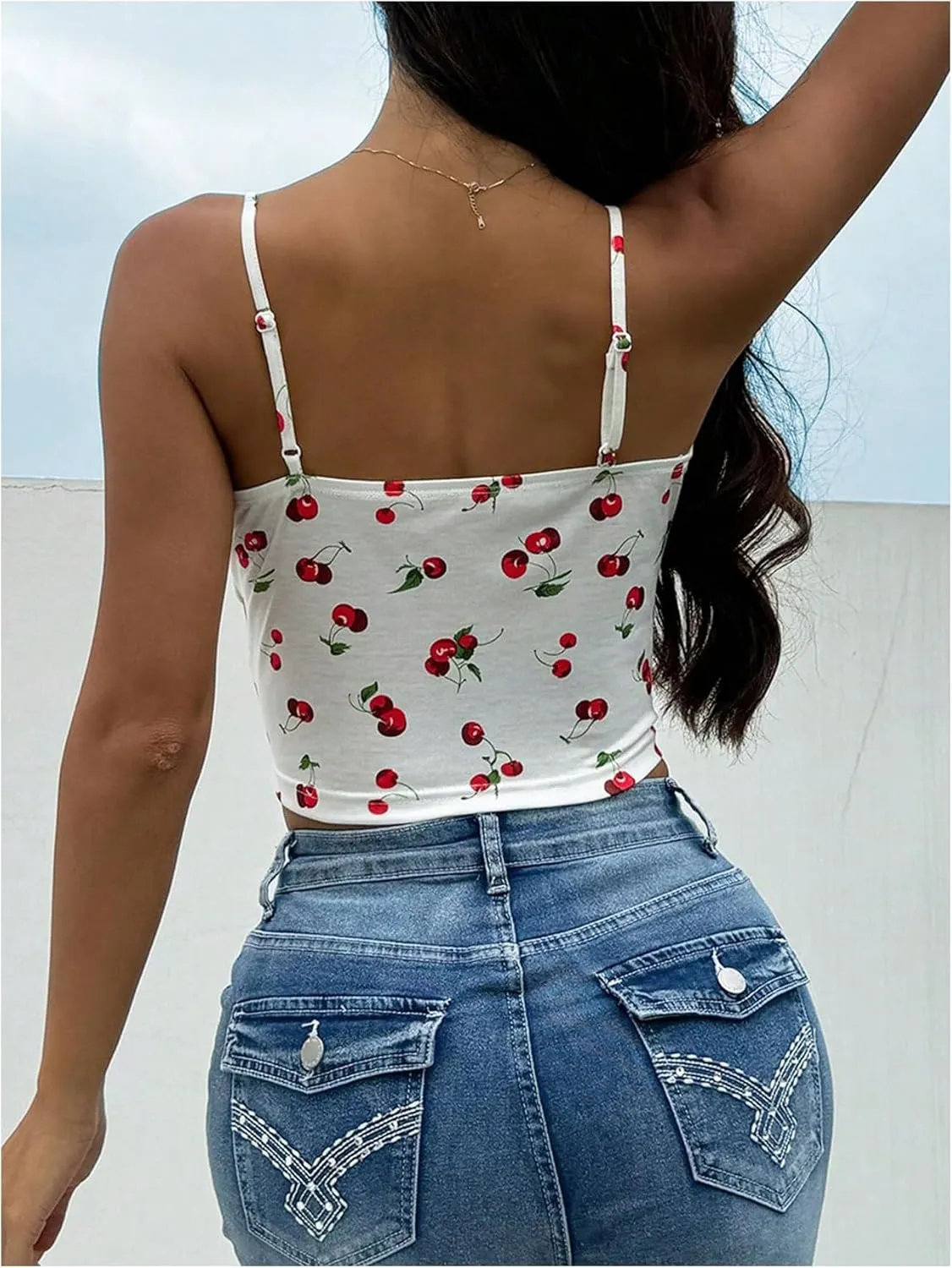 MakeMeChic Women's Cherry Lace Trim Crop Tops Wrap Spaghetti Strap Sleeveless Y2k Camisole Top