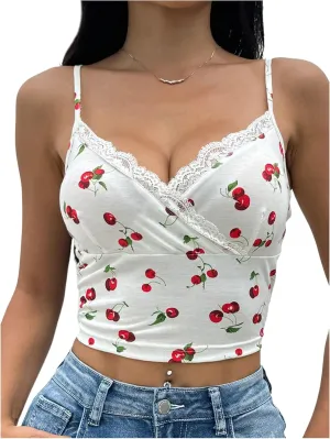 MakeMeChic Women's Cherry Lace Trim Crop Tops Wrap Spaghetti Strap Sleeveless Y2k Camisole Top