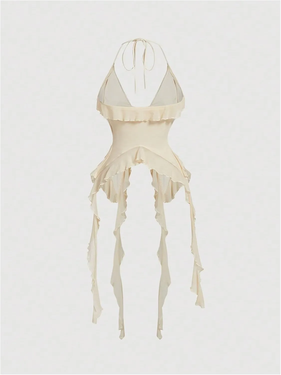 MakeMeChic Women's Floral Halter Top Tie Front Y2K Backless Ruffle Trim Fringe Camisole