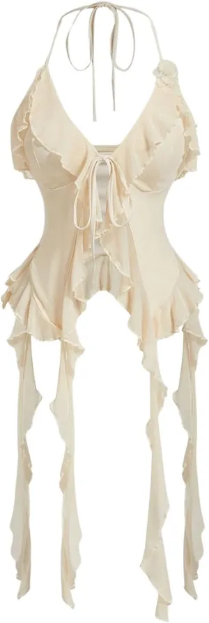 MakeMeChic Women's Floral Halter Top Tie Front Y2K Backless Ruffle Trim Fringe Camisole