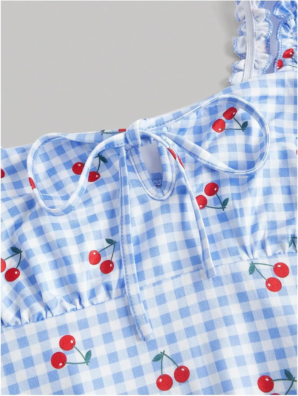 MakeMeChic Women's Gingham Cherry Print Cami Dress Tie Front Sleeveless Mini Dresses Sundress