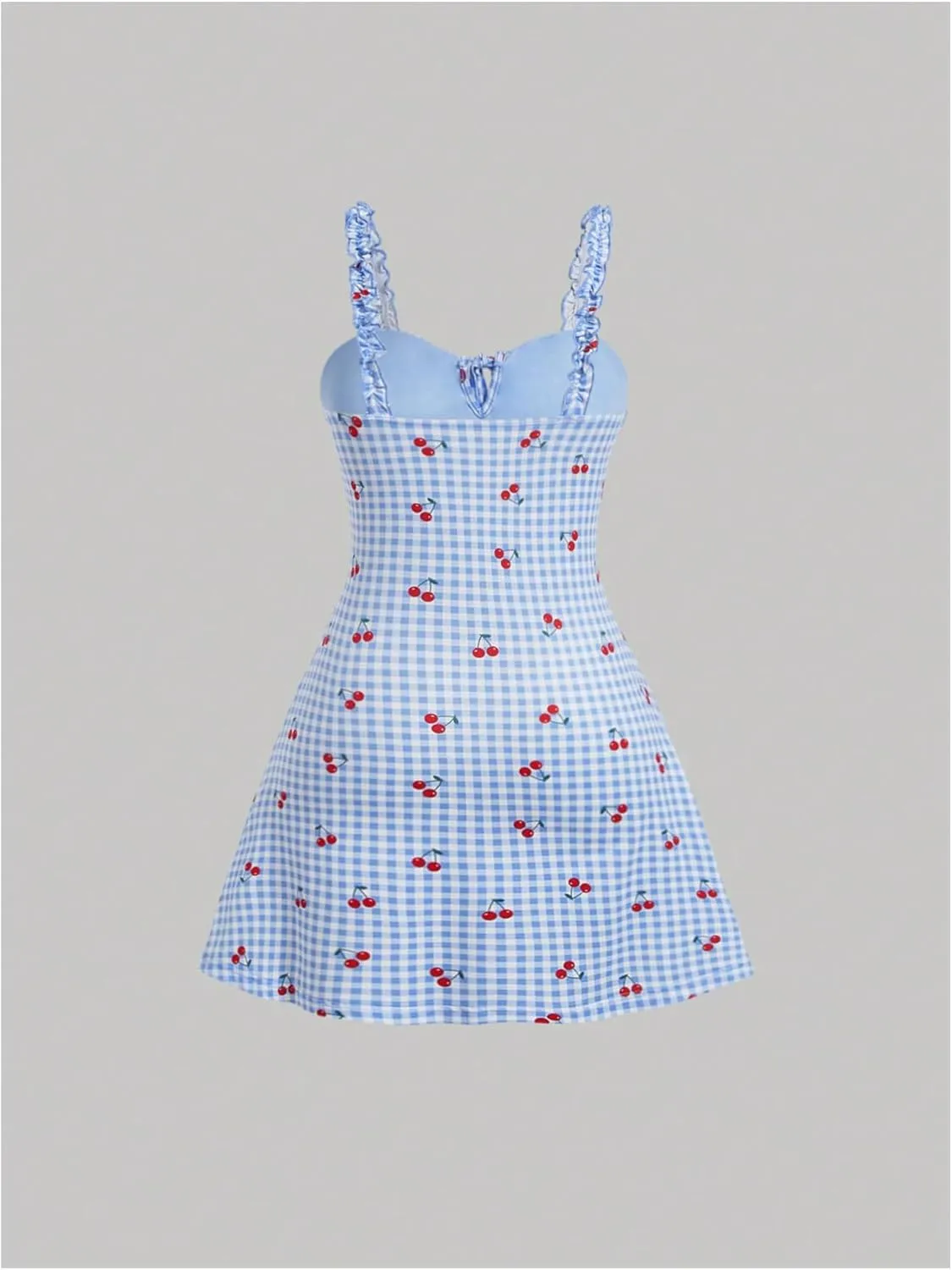 MakeMeChic Women's Gingham Cherry Print Cami Dress Tie Front Sleeveless Mini Dresses Sundress