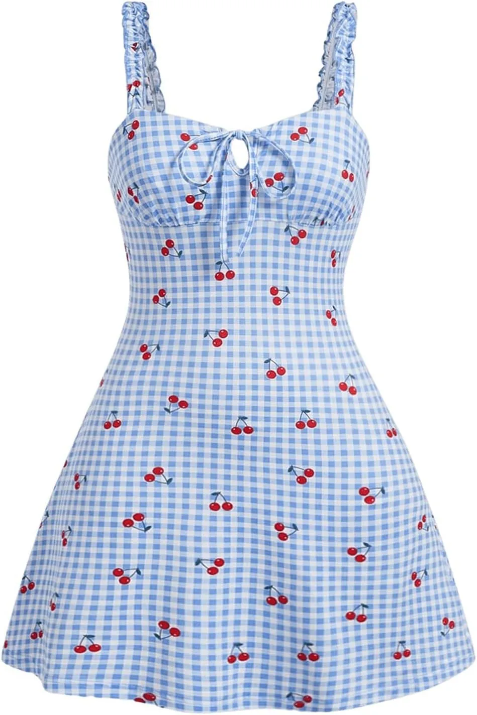 MakeMeChic Women's Gingham Cherry Print Cami Dress Tie Front Sleeveless Mini Dresses Sundress