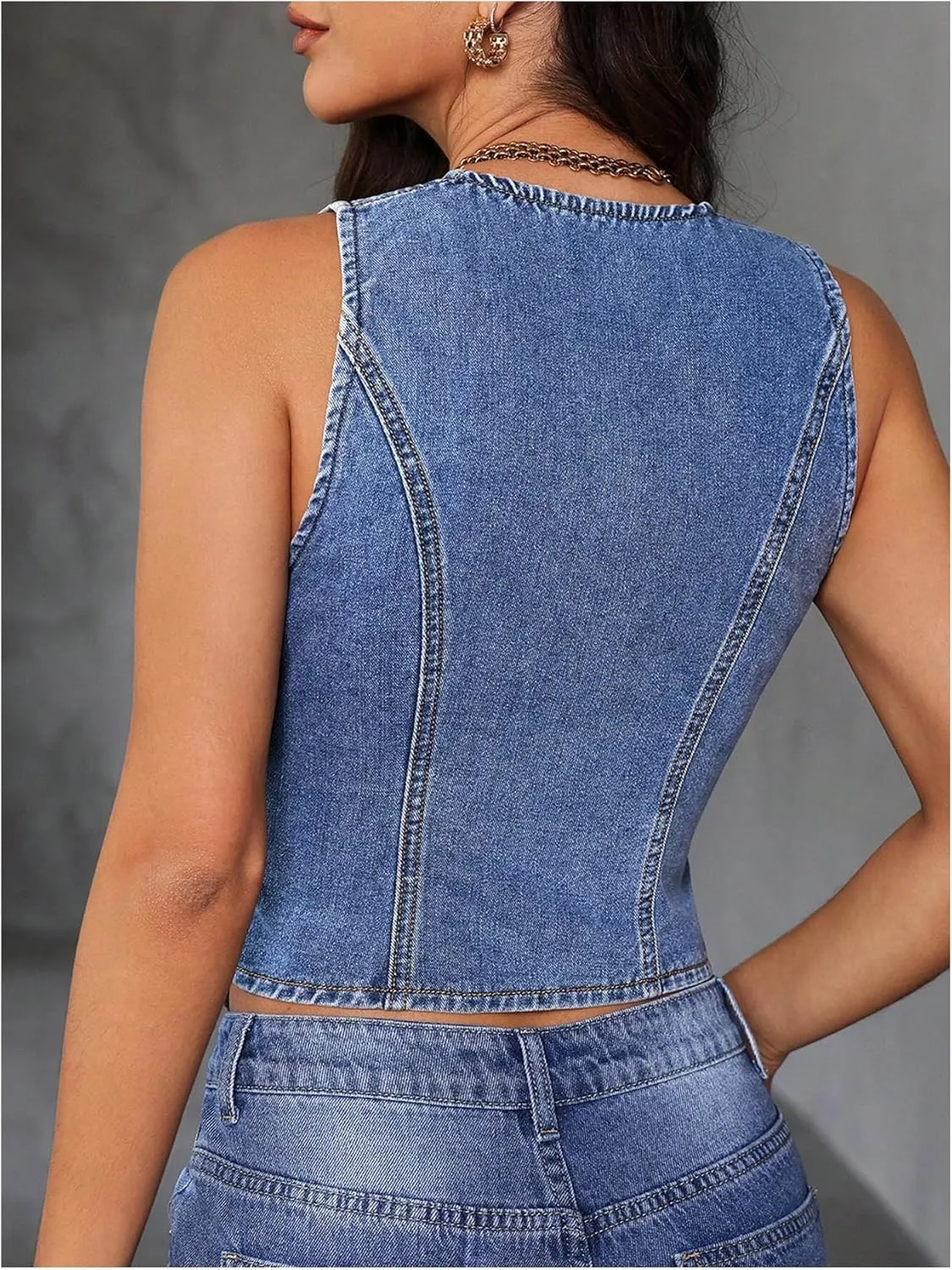 MakeMeChic Women's Jean Denim Vest Tops Button Down V Neck Sleeveless Y2K Denim Waistcoat Vest Jacket