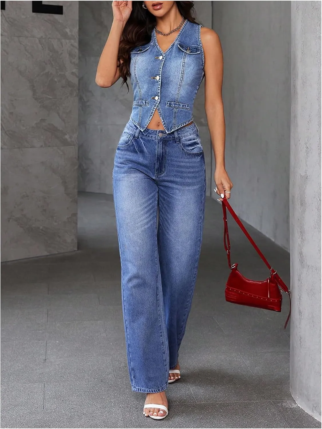 MakeMeChic Women's Jean Denim Vest Tops Button Down V Neck Sleeveless Y2K Denim Waistcoat Vest Jacket