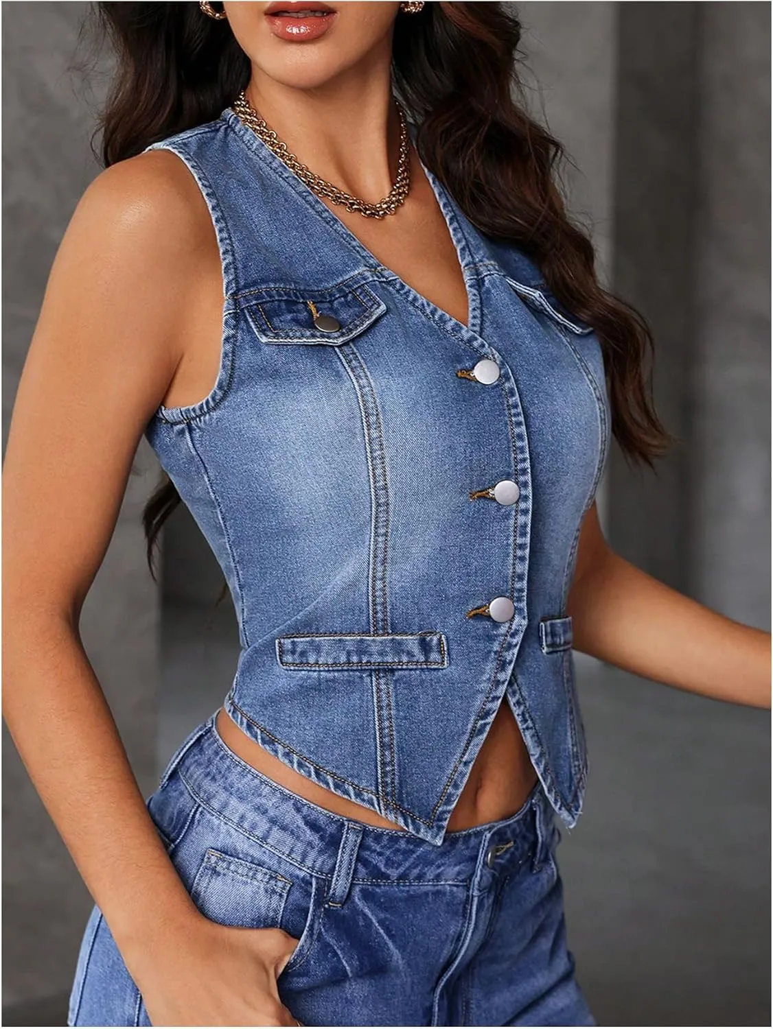 MakeMeChic Women's Jean Denim Vest Tops Button Down V Neck Sleeveless Y2K Denim Waistcoat Vest Jacket