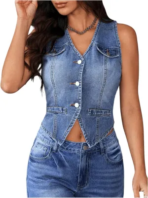 MakeMeChic Women's Jean Denim Vest Tops Button Down V Neck Sleeveless Y2K Denim Waistcoat Vest Jacket