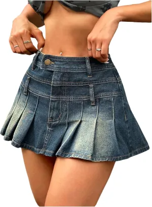 MakeMeChic Women's Pleated Denim Skirt A Line Flare Y2k Mini Jean Skirts