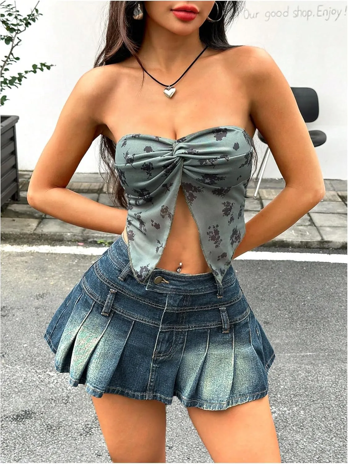 MakeMeChic Women's Pleated Denim Skirt A Line Flare Y2k Mini Jean Skirts