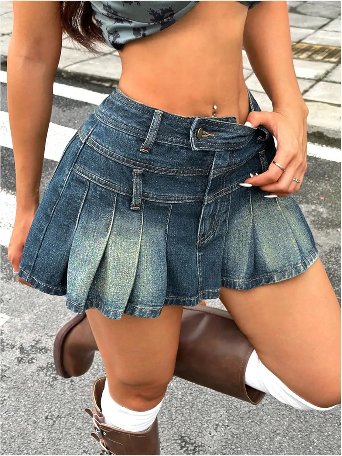MakeMeChic Women's Pleated Denim Skirt A Line Flare Y2k Mini Jean Skirts
